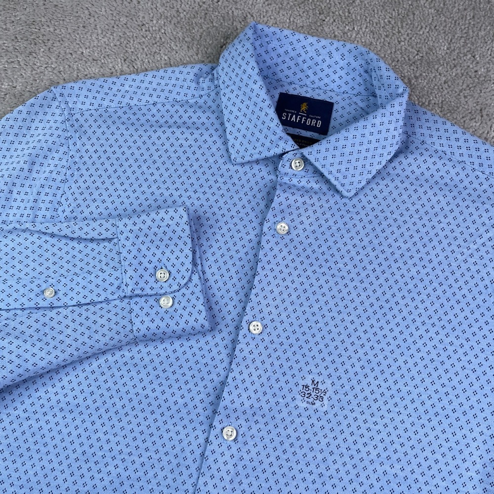 NEW Stafford Shirt Mens Medium Blue Geometric Slim Fit Knit Dress Shirt NWT